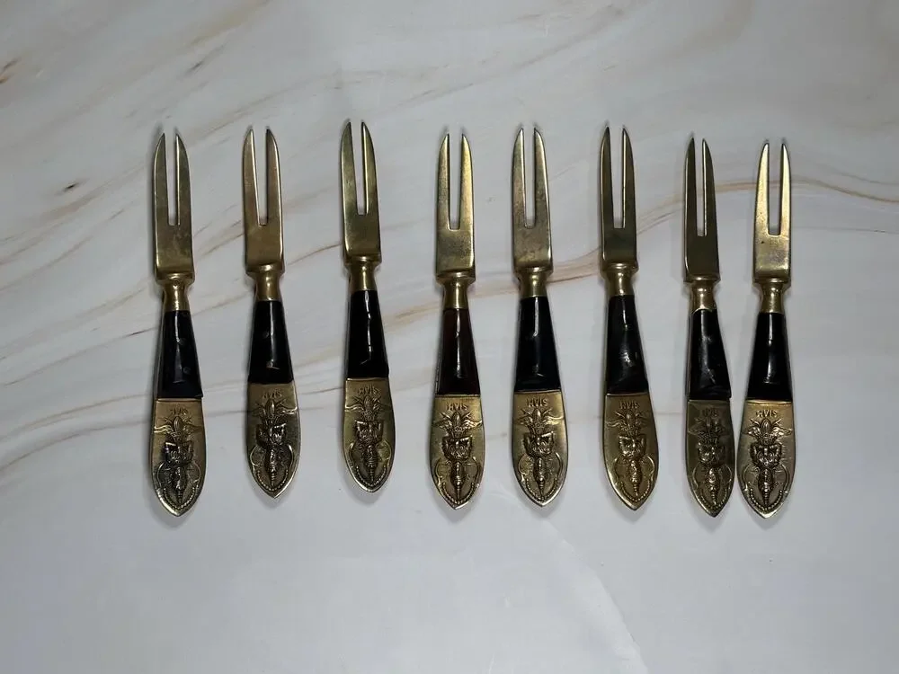 Set of 8 Vintage Thailand Siam Appetizer Fork Rosewood Nickel Bronze 1950s